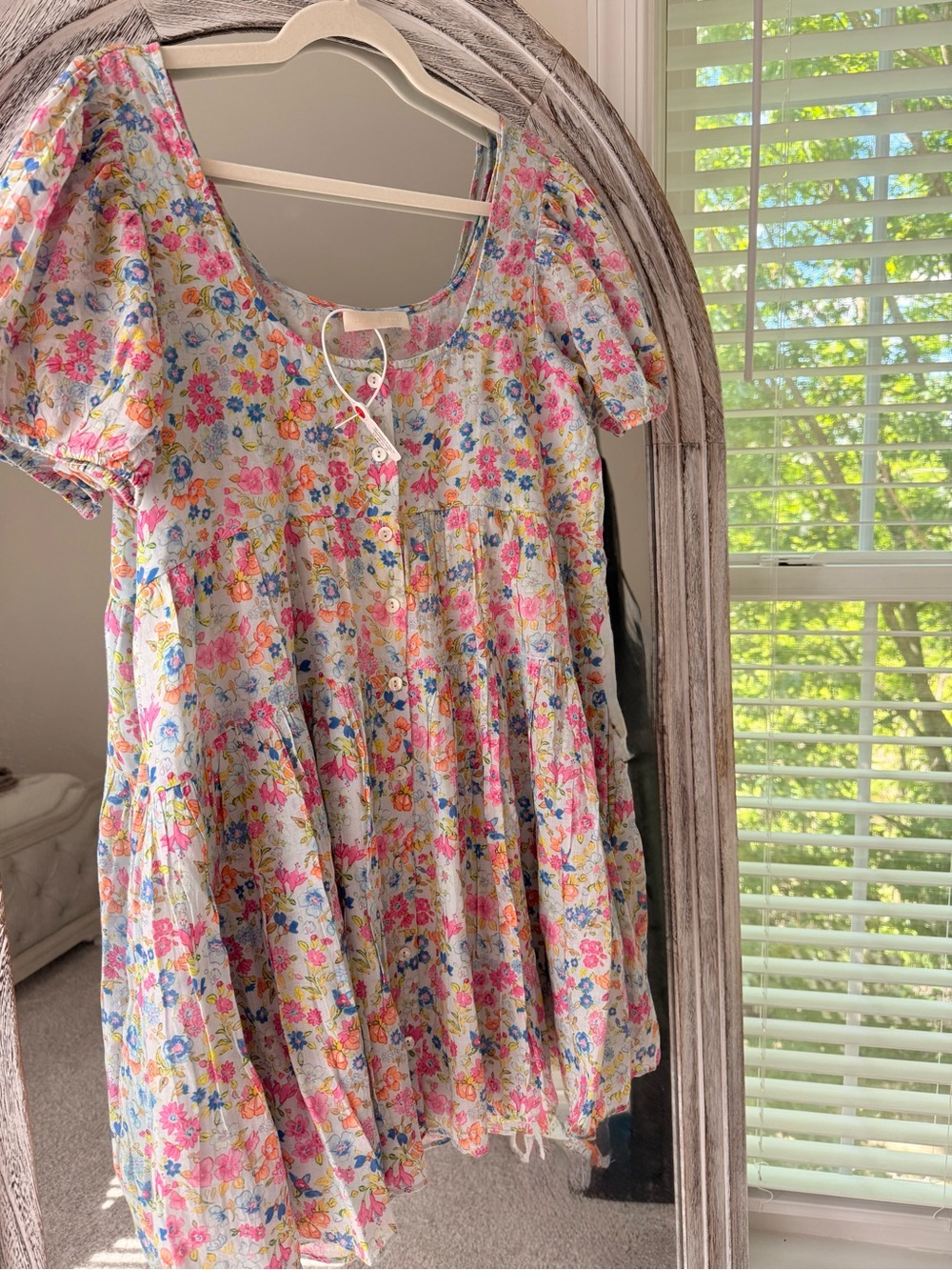 LoveShackFancy Women's Runa Floral Printed Tiered Cotton Mini Short Dress Size L - Picture 2 of 9